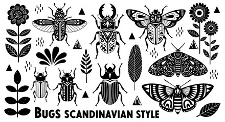 Black Scandinavian insects, bugs, and flowers vector set, minimalist Nordic beetles and moths illustrations, 12 Scandinavian style elements, black and white clip art © Sydney