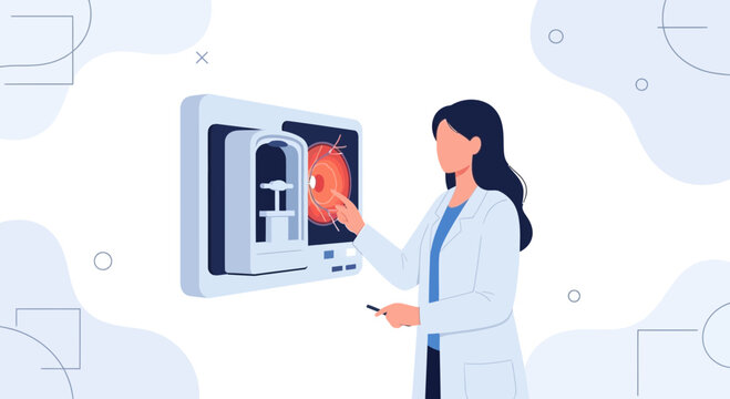 Ophthalmologist examining retinal scan on futuristic display, showcasing medical technology and eye care.