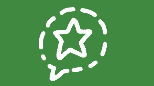 Star dashed speech bubble hand-drawn cartoon graphic with chalk outline rating review icon and creative reward notification pin isolated on green screen background for positive feedback element.