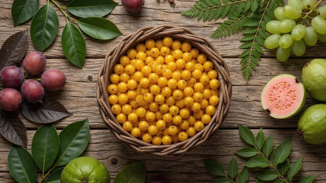 Ripe Nance Fruit Clusters Hanging on Lush Green Branches in Bright Sunlight, Exotic Tropical Superfruit with Vibrant Color and Fresh Organic Appeal