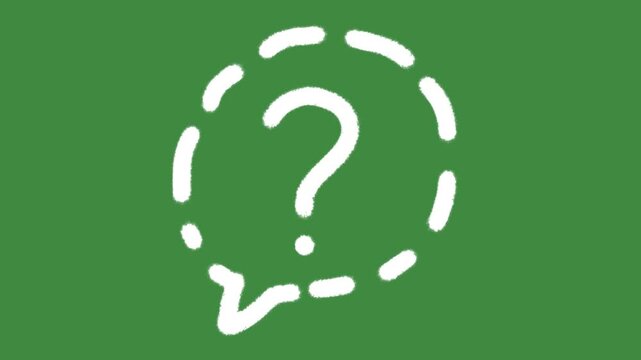 Question mark dashed speech bubble hand-drawn cartoon graphic with chalk outline FAQ help symbol and creative query notification pin isolated on green screen background for discussion line art.