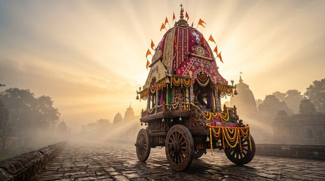 Majestic rath yatra chariot on a misty path with sun rays over ancient temples