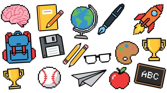 Pixel art school supplies and education objects set for digital art.