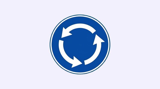 A professional 3D graphic asset showing a circular blue roundabout road sign with white arrows indicating circular traffic flow. Placed against a solid light background, perfect for driving school pre
