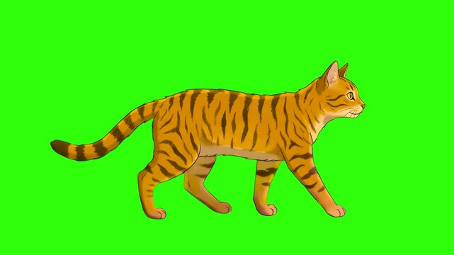A realistic 2D stylized animation of an orange striped tabby cat (resembling a tiger cub or Bengal cat) walking gracefully from left to right. Isolated on a chroma key green screen background for easy