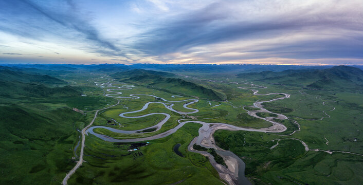 Sunset Panorama of Manzatang Wetland: Sunset Glow, Meandering Rivers and Endless Green Grassland in Zoige