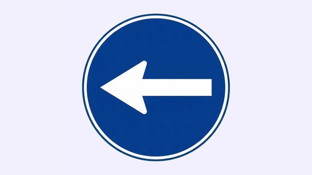 A clean 3D render animation of a circular blue traffic sign with a white arrow pointing to the left, representing mandatory direction rules. Placed against a solid light background, perfect for educat