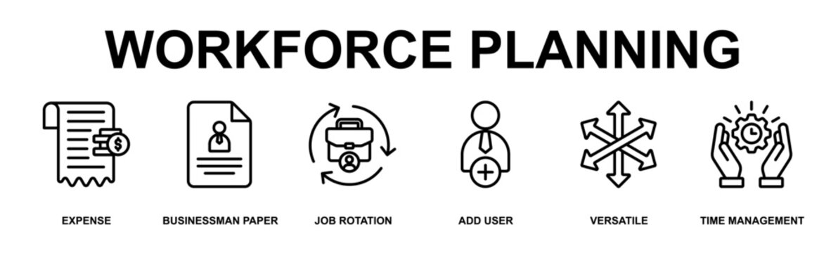Workforce Planning Banner Web Outline Icon Vector Illustration Concept for Business with Icons of expense, businessman paper, job roation add user, versatile and time management