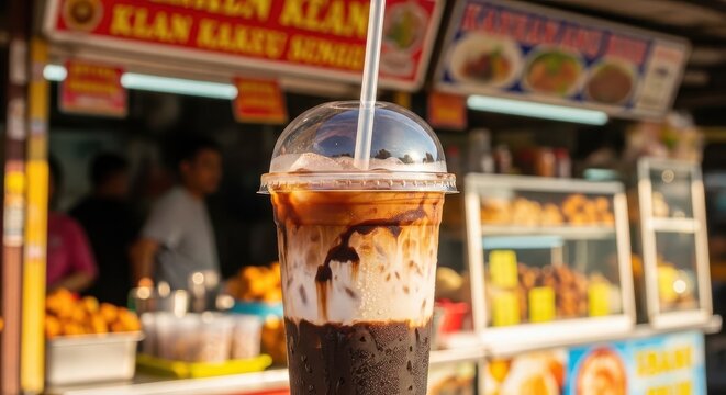 Layered Iced Kopi Susu Ais C Beverage in a Plastic Cup