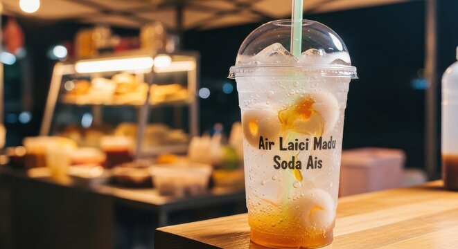 Refreshing Lychee Soda Ais Drink with Ice and Straw