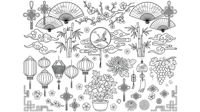 Oriental cultural elements collection with lanterns fans and floral theme.