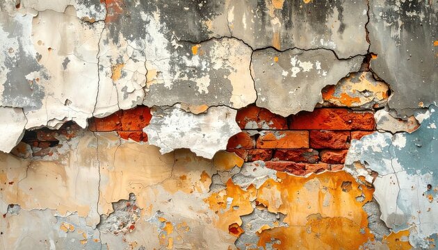 Closeup of weathered and peeling wall with exposed bricks