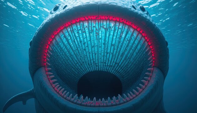 Gigantic creature with glowing red gums opens its enormous maw underwater.