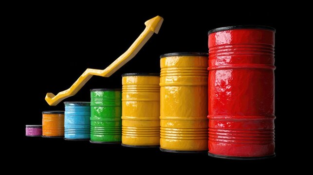 Rising Oil Prices: A symbolic representation of escalating oil prices, depicted by a row of colorful barrels of increasing size, topped with a rising arrow graph against a stark black background.