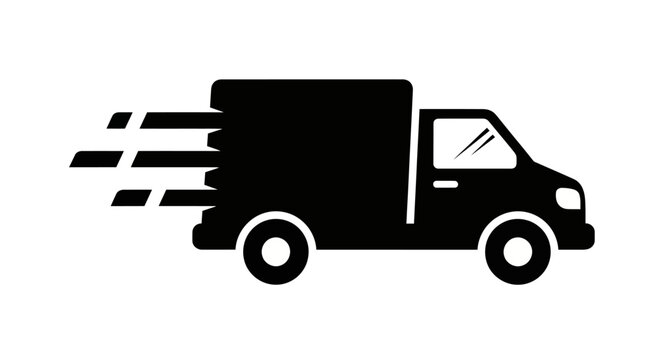 Delivery truck icon, speeding vehicle silhouette, black cargo van, fast delivery transport