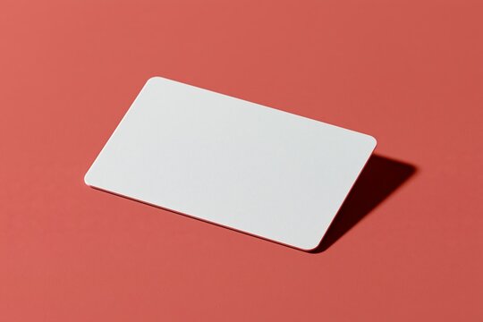 Blank payment card on coral background, angled view showcasing smooth surface and shadow effects