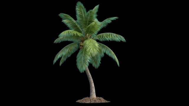 High-contrast 3D model of a tropical coconut palm tree with vibrant green fronds, isolated against a solid pitch-black background. Perfect for summer vacation promos, exotic beach atmosphere overlays,