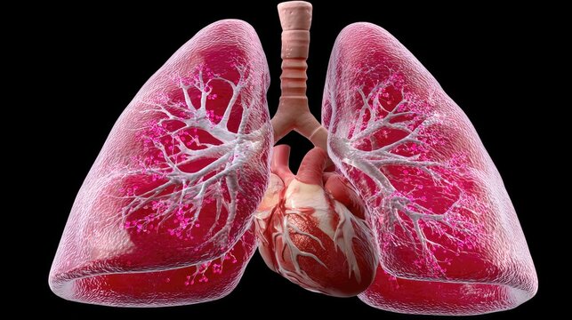 Human Respiratory System: An anatomical illustration of the human lungs and heart, showcasing the intricate network of bronchioles and blood vessels, presented against a dark background.