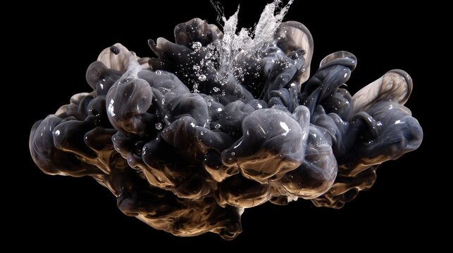 Abstract Ink Dispersion: A dynamic explosion of dark ink clouds erupts in water, creating an abstract and dramatic visual effect with a sense of mystery and power.