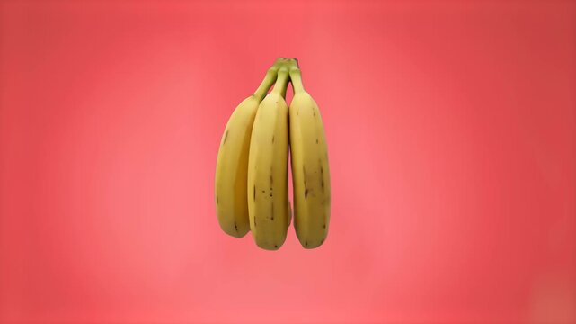 A ripe bunch of yellow bananas floating against a vibrant coral red studio backdrop. Great for fresh fruit commercials, healthy snack promotions, tropical beverage advertisements, and grocery e-commer