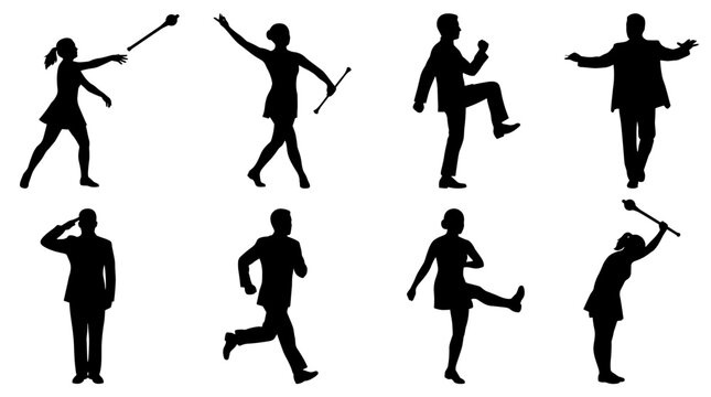 Collection of diverse human silhouettes in motion, capturing dynamic poses like marching, running, and baton twirling, ideal for sports, performance