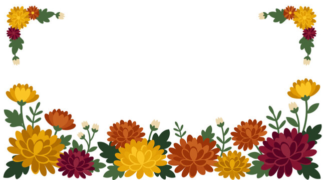 Decorative floral border with autumn chrysanthemums in warm colors, rustic design element for invitation or greeting card