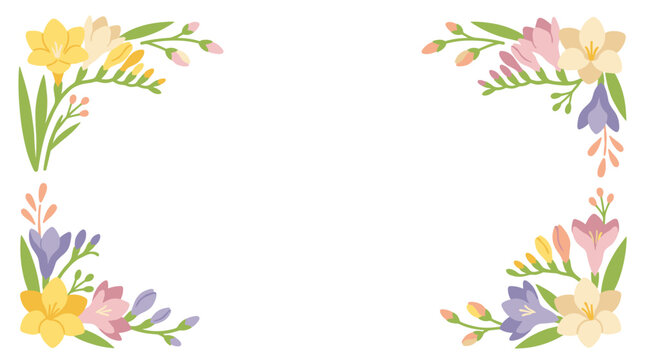 Corner floral arrangements with blooming freesia flowers in pastel yellow, pink, and purple, delicate spring design elements