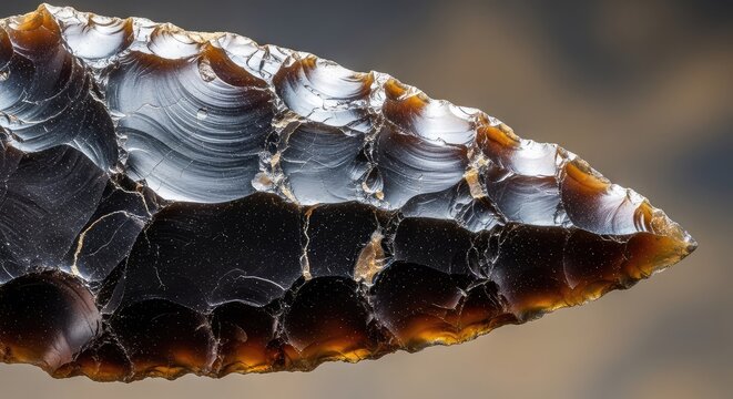 Detailed macro view of a sharp prehistoric stone tool edge, showcasing the primitive craftsmanship and technology of the ancient stone age, crafting, mesolithic, chipped stone