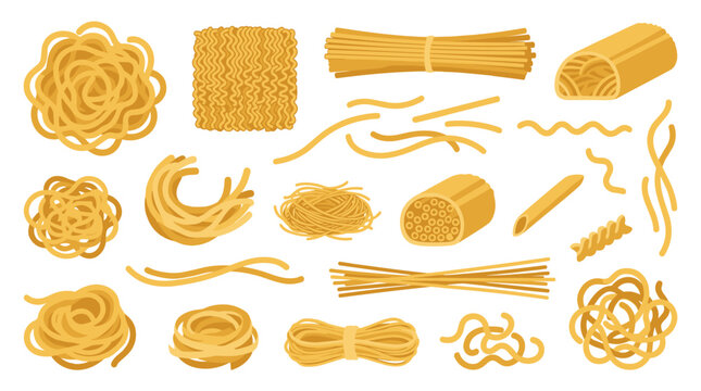 Collection of different pasta shapes, including spaghetti nests, penne, and capellini, isolated on a white background, ideal for