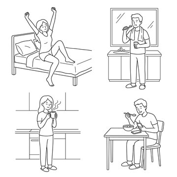 daily routine line art vector, waking up in bed, getting dressed in front of mirror, preparing coffee, and eating breakfast at table