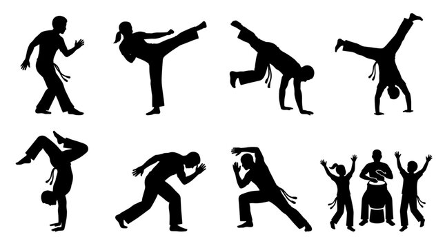 Set of capoeira silhouettes in dynamic poses, martial art, dance, acrobatics, and music elements, black on white background