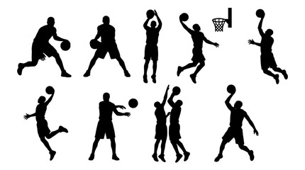 Obraz premium Collection of black basketball player silhouettes in various dynamic poses, dribbling, shooting, jumping, and blocking on a clean white background
