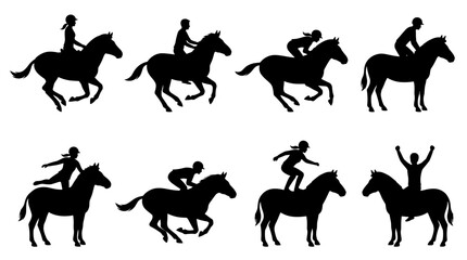 Fototapeta premium Set of eight horse riding silhouettes in various dynamic poses and actions, equestrian sport and leisure activities, isolated on a white background