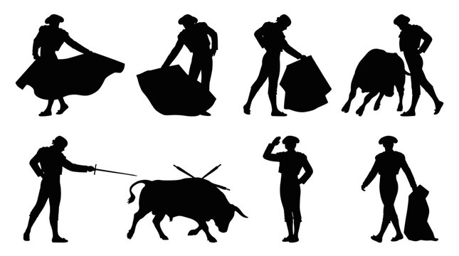 Silhouette collection of bullfighting scenes, matador with cape and bull, representing Spanish tradition and courage