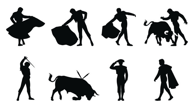 Collection of matador and bull fighting silhouettes, Spanish culture, dynamic action poses, isolated on white background