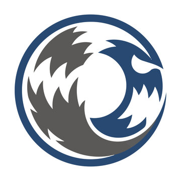 Minimalist wolf tail emblem featuring a stylized curved shape in a sleek circular composition with bold flat colors on a clean white background, animal logo design