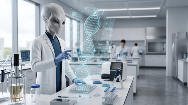 Intelligent gray alien geneticist analyzing holographic DNA in futuristic biotechnology laboratory