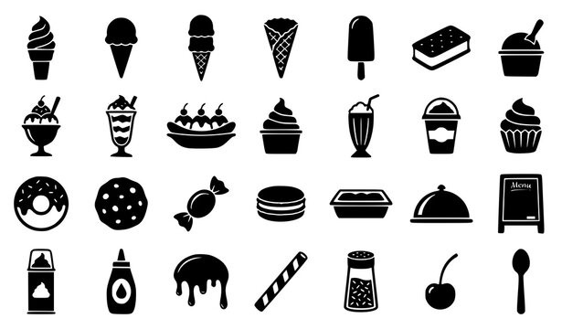 Minimal black and white silhouette vector icon set with ice cream desserts frozen treats and sweet shop accessories isolated on white background