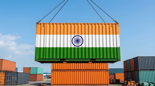 Soldiers in camouflage hold Indian flag on cargo containers at port