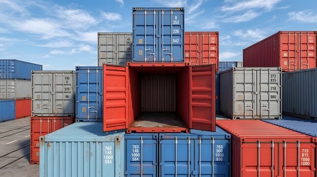 A daytime view of a stacked group of industrial shipping containers with one open red container