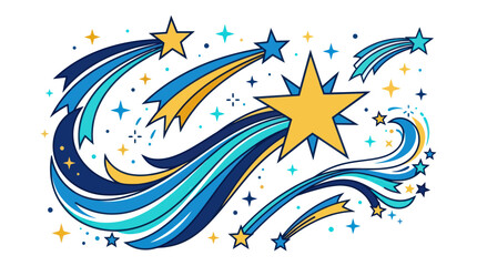 Multiple shooting stars with blue and gold swooshes. © Meg