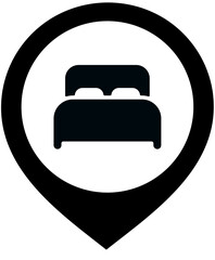 Bed icon with black pin badge for bed sleep furniture bedroom rest hotel room status level state bed furniture sleep rest hotel room on transparent background © titileedzs