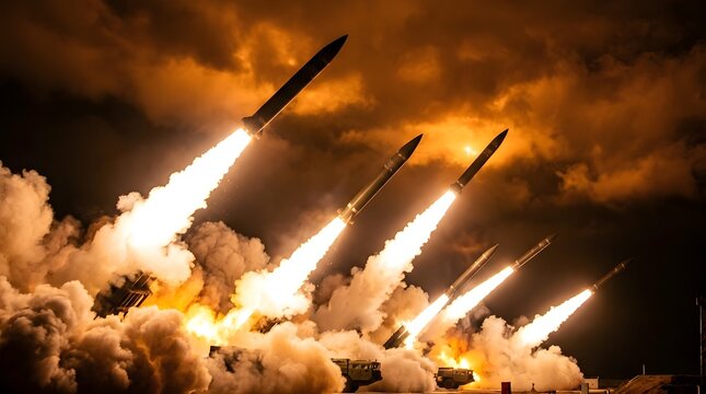 Multiple missiles launching into the night sky with flames and smoke