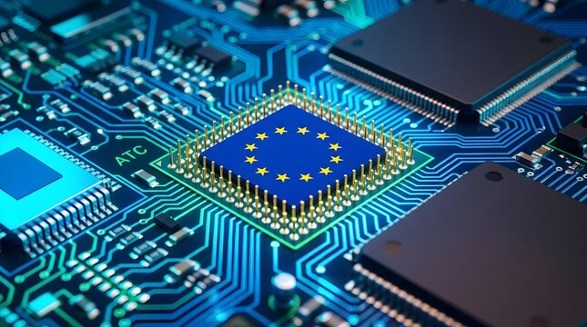 Man interacts with AI interface on advanced computer chip technology board