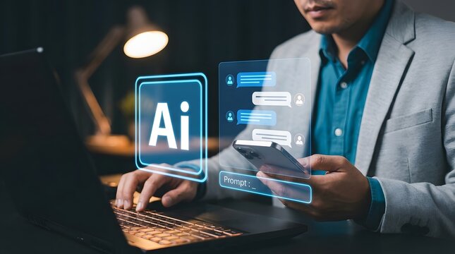 Man interacting with AI on phone and laptop at desk
