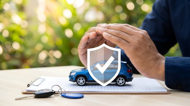 Person shielding a blue car model with a shield icon on documents and car keys on a table