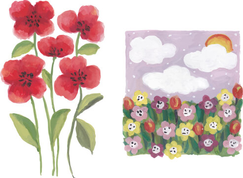 Red Poppies and Colorful Flower Field Painted Illustration