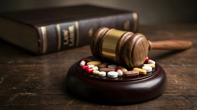 Judge gavel rests on pills beside legal book on desk