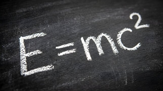 The famous physics equation E equals mc squared written on chalkboard