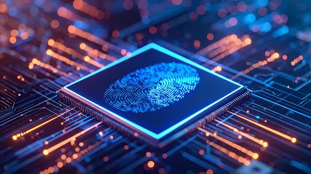 A glowing digital fingerprint rests on a modern computer processor